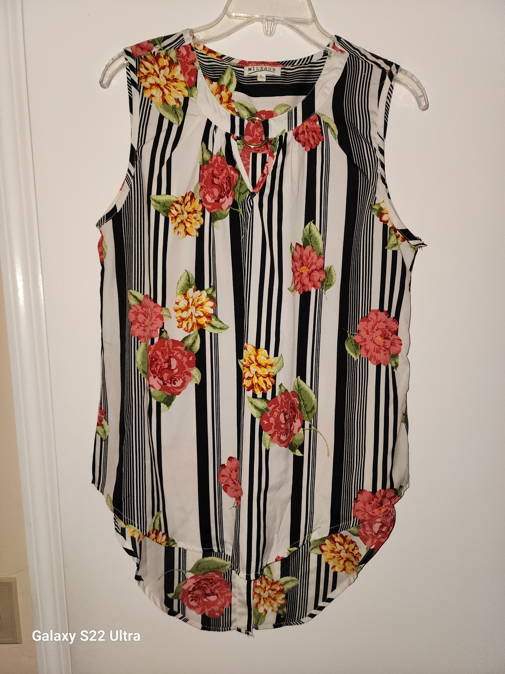 Mileage Sleeveless Black & White Striped Blouse with Pink & Yellow Floral Print